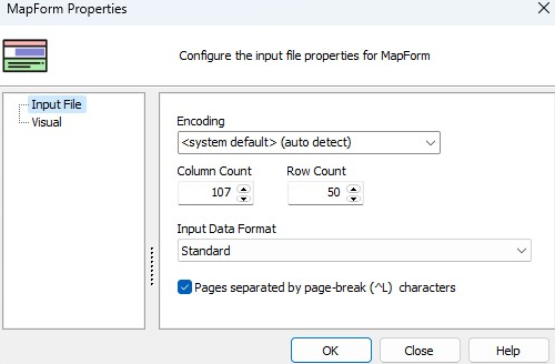 Map form properties dialog. Input file is selected from the tree on the left. On the right, you can specify the column and row counts and select the input data format from the drop down. You can also toggle pages to be separated by page break.